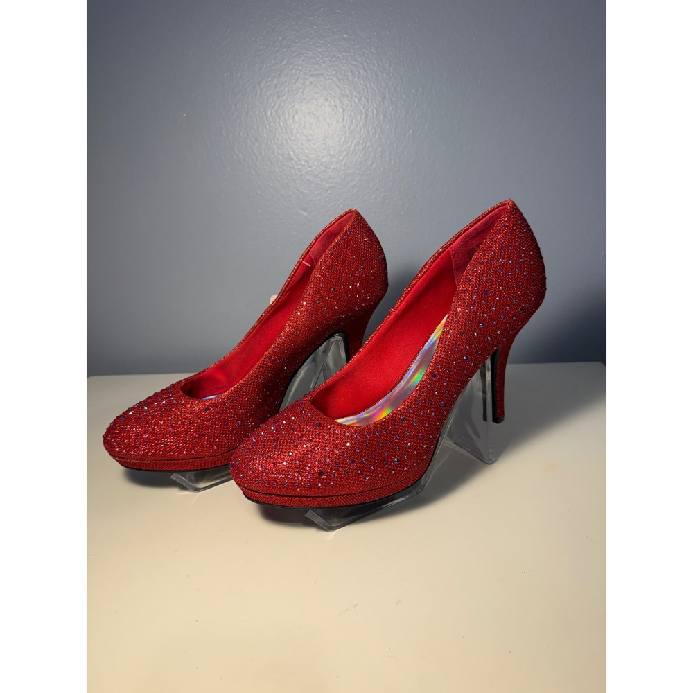 Silver Slipper Red Glitter Rhinestone Platform Pumps Heels Womens 9M Round Toe